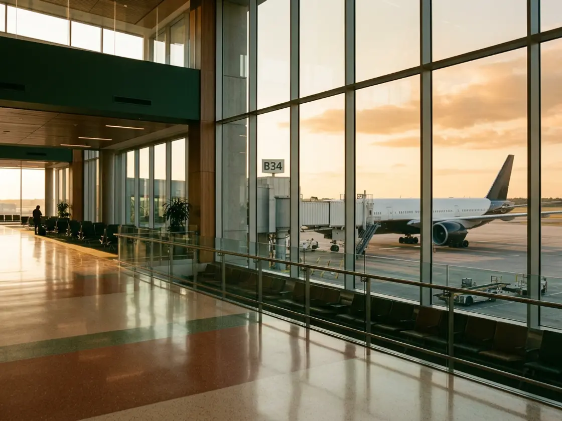 Sunlight crossing the floor of a quiet airport departures hall, with an aircraft waiting at the gate beyond the glass